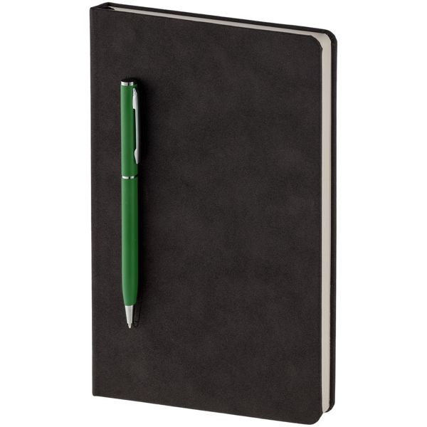 Блокнот Magnet Chrome с ручкой, черный с зеленым